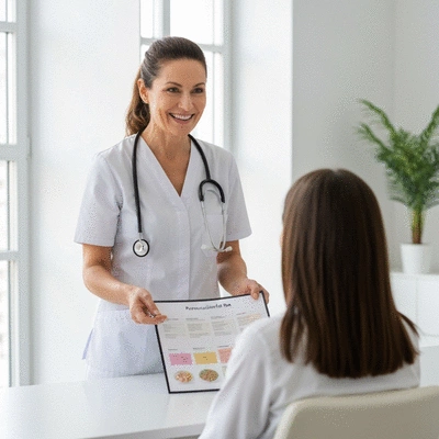 Diététicienne souriante expliquant un plan alimentaire à une cliente dans un bureau moderne et lumineux