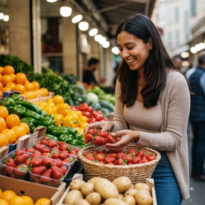 Femme souriante achetant des produits frais au marché local de Montpellier