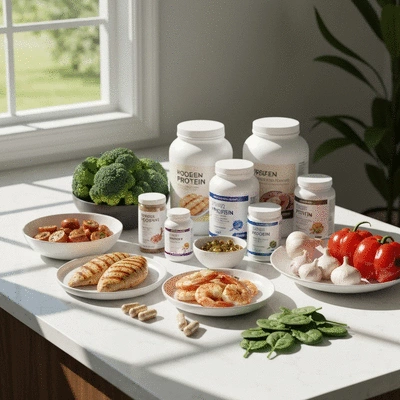 Assortment of healthy, protein-rich foods and nutritional supplements, no text, no words, no typography