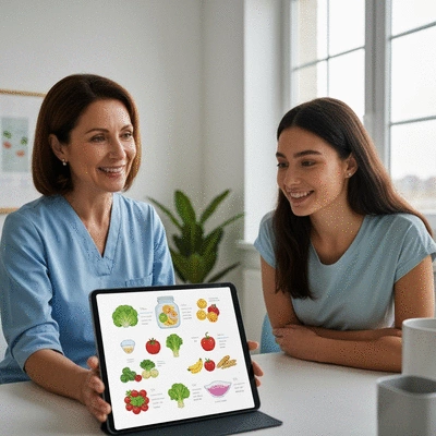 Diététicienne-nutritionniste expliquant un plan alimentaire à un client dans un bureau lumineux