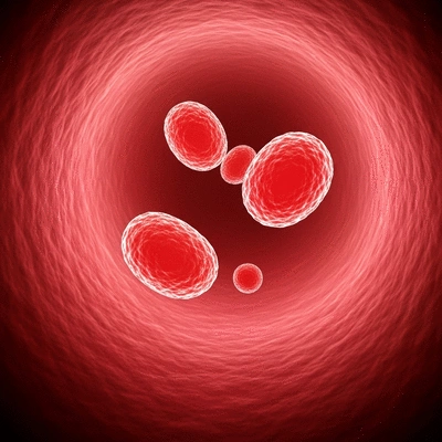 Microscopic view of HDL and LDL cholesterol particles in a blood vessel