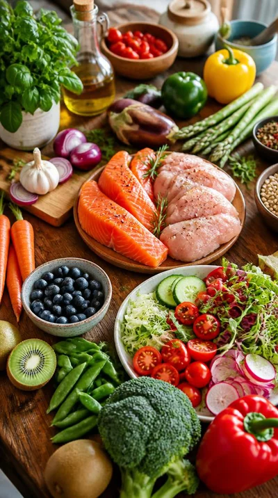 Aliments sains sur une table avec des ustensiles