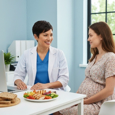 Dietitian consulting with a pregnant woman in a bright, modern office