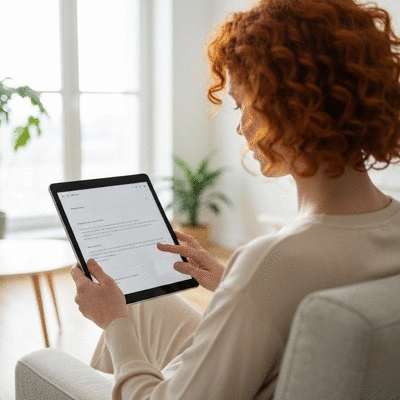 Woman using a tablet for an online consultation, clean bright setting