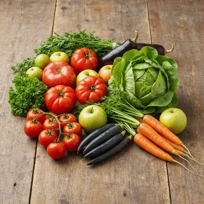 Assortiment coloré de fruits et légumes frais locaux de Montpellier, disposés sur une table en bois rustique, avec un accent sur la fraîcheur et la variété, aucune typographie, aucune étiquette, aucune écriture