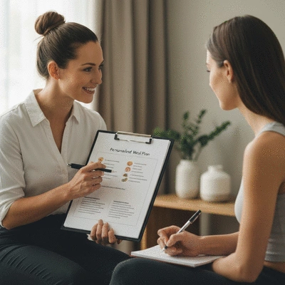 Dietitian consulting with a client, showing healthy food options and a personalized meal plan, in a professional and empathetic setting.
