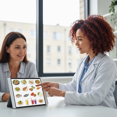 Diététicien expliquant un plan alimentaire à un client dans un bureau moderne