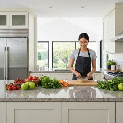 Modern kitchen with healthy ingredients and a person preparing a meal