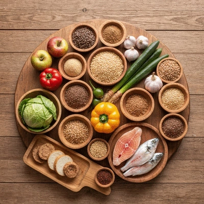 Assortiment de fruits, légumes, céréales complètes et poissons gras disposés sur une table en bois, représentant une alimentation méditerranéenne saine, no text, no words, no typography, clean image