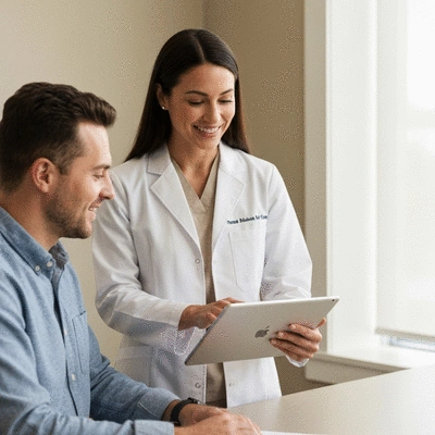 Diététicienne-nutritionniste conseillant un patient sur un plan alimentaire personnalisé