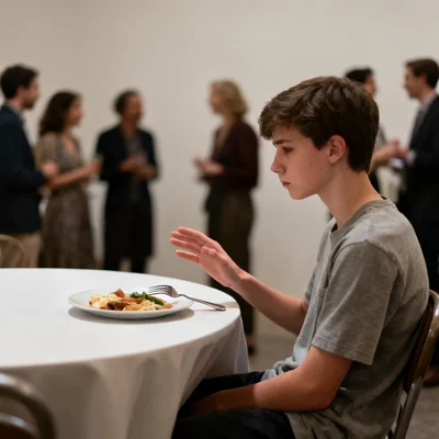 Young person discreetly refusing food at a social gathering, symbolizing social isolation due to eating disorders, no text, no words, no typography, clean image