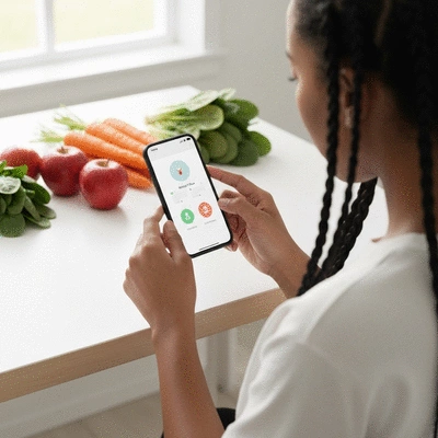 Person using a health app on a smartphone to track nutrition, with fresh fruits and vegetables in the background, no text, no words, no typography, clean image