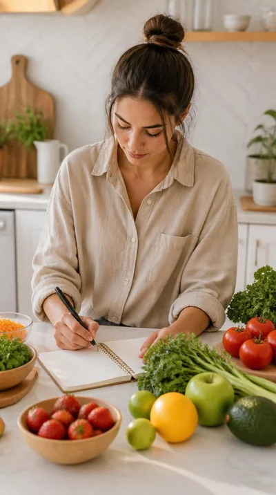 Person planning a healthy meal with a notebook and fresh ingredients on a kitchen counter