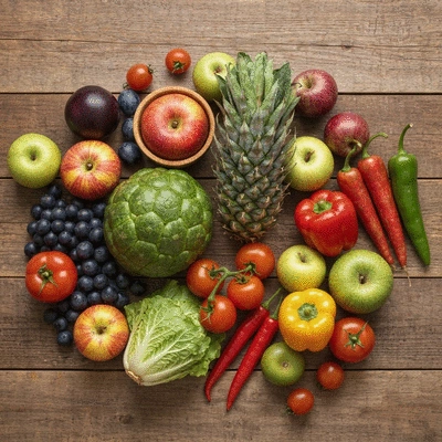 Assortment of fresh, healthy, and colorful fruits and vegetables on a wooden table, representing a balanced diet