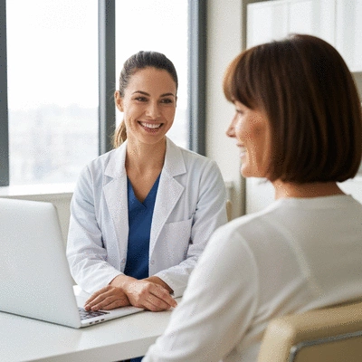 Diététicienne-nutritionniste souriante en consultation avec un client