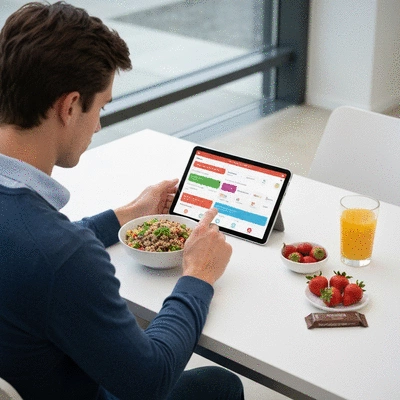 Professional using a nutrition tracking app on a tablet