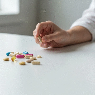 Close-up of a person's hand holding a vitamin supplement pill, illustrating the role of vitamins and minerals in thyroid function
