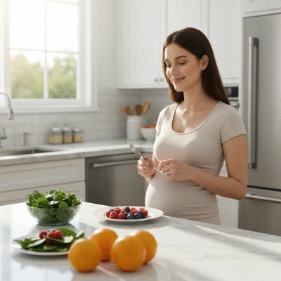 Pregnant woman eating a healthy meal with fresh vegetables and fruits