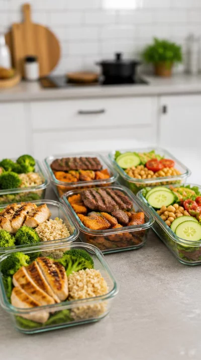 Healthy meal prep containers on a kitchen counter, symbolizing nutritional education, clean image, no text