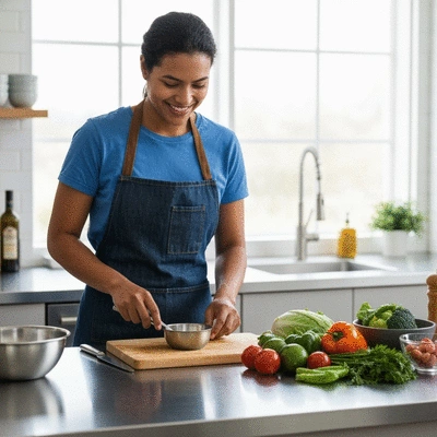 Personne souriante préparant un repas sain avec des légumes frais dans une cuisine moderne