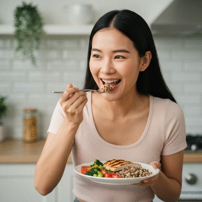 Person enjoying a colorful and healthy meal with a smile