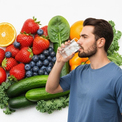 Person drinking a glass of water with fresh fruits and vegetables in the background, symbolizing healthy hydration and diet, no text, no words, no typography, clean image