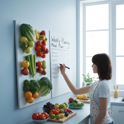 Tableau de planification des repas sains avec des fruits et légumes frais, une personne écrivant un menu de la semaine