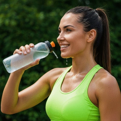 Femme athlète souriante buvant de l'eau après une séance d'entraînement intense