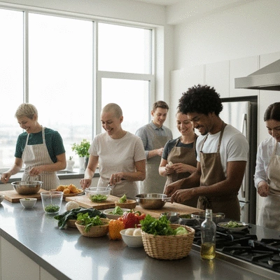 Diverse group of people cooking together in a bright, modern kitchen during a nutrition workshop