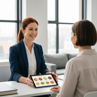 Diététicienne souriante en consultation avec une cliente dans un bureau moderne et lumineux, présentant un plan alimentaire personnalisé. Style de vie, professionnel, pas de texte, pas de mots, pas de typographie, 8K.