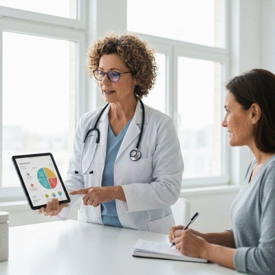 Doctor explaining diabetes management to a patient, illustrating personalized nutritional guidance