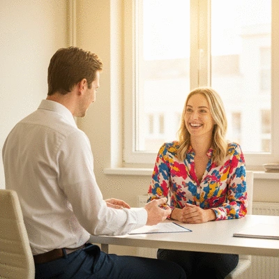 Médecin nutritionniste en discussion avec une patiente souriante dans un bureau lumineux, illustrant un suivi personnalisé, no text, no words, no typography, clean image