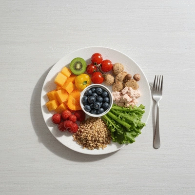 A balanced plate with various food groups: fruits, vegetables, whole grains, and protein