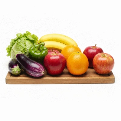 Assortment of fresh, colorful fruits and vegetables on a wooden cutting board, representing healthy eating for digestion, no text, no words, no typography, clean image