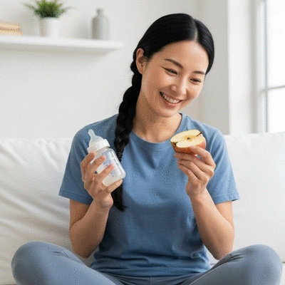 Woman holding a baby bottle and a healthy snack, smiling warmly