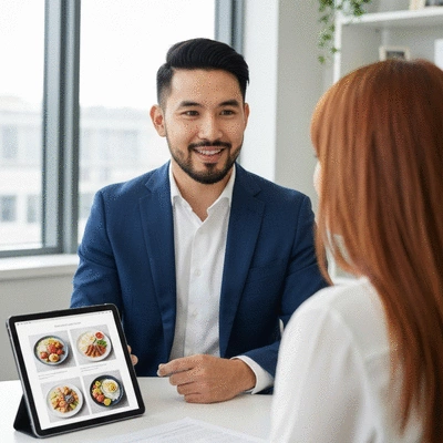 Dietitian consulting with a client, showing a personalized meal plan on a tablet, in a professional office setting