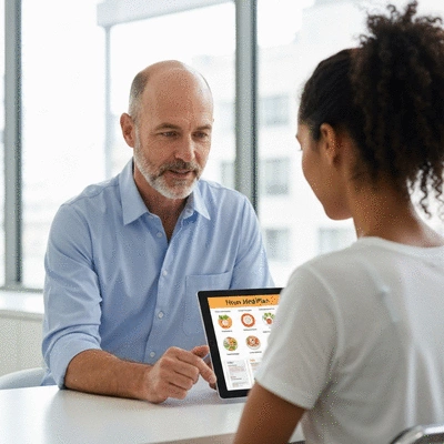 Professional nutritionist consulting with a client, showing personalized meal plan on a tablet