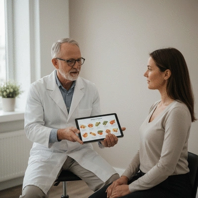 Nutritionist consulting with a client, showing healthy food options on a tablet. No text, no words, no typography, no labels, clean image