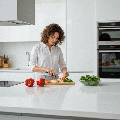 Person preparing a healthy meal with fresh vegetables and lean protein in a modern kitchen