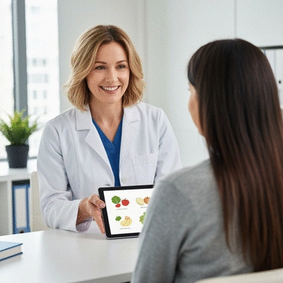 Diététicienne-nutritionniste expliquant un plan alimentaire à une patiente dans un bureau moderne et lumineux