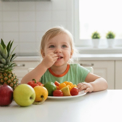 Child eating a variety of fruits and vegetables at a table