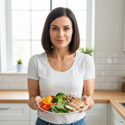 Woman holding a plate of healthy, balanced food