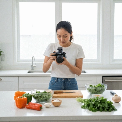 Hand holding a smartphone displaying a dietitian's website with a 'Take an appointment' button, healthy food in the background, no text, no words, no typography, 8K