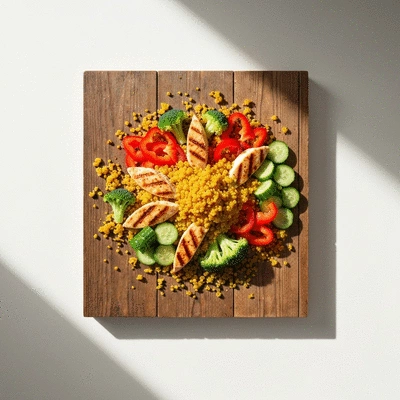 Overhead shot of a colorful and healthy meal containing quinoa, grilled chicken, and fresh vegetables on a rustic wooden table