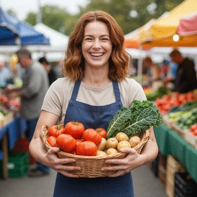 Woman holding a basket of fresh local produce, smiling in a market setting