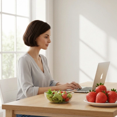Woman having a video call with a nutritionist on a laptop, showing healthy food on the side, no text, no words, no typography, clean image