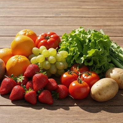 Assortment of fresh fruits and vegetables on a wooden table
