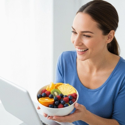Happy woman on a video call with her nutritionist, holding a healthy fruit bowl.